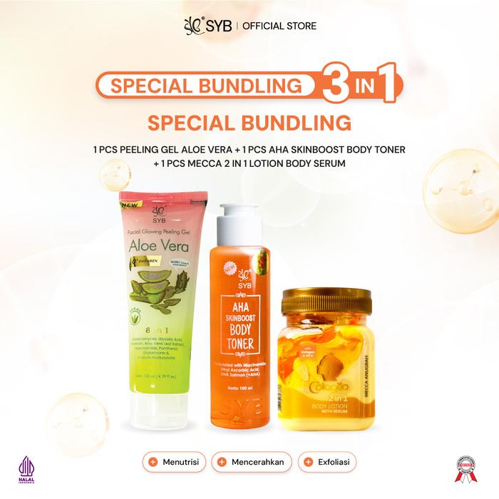 NEW SYB Special Bundling 3in1 - Paket Perawatan Kulit Mulus & Cerah - PEELING ALOE+AHA TONER+MECCA 2IN1