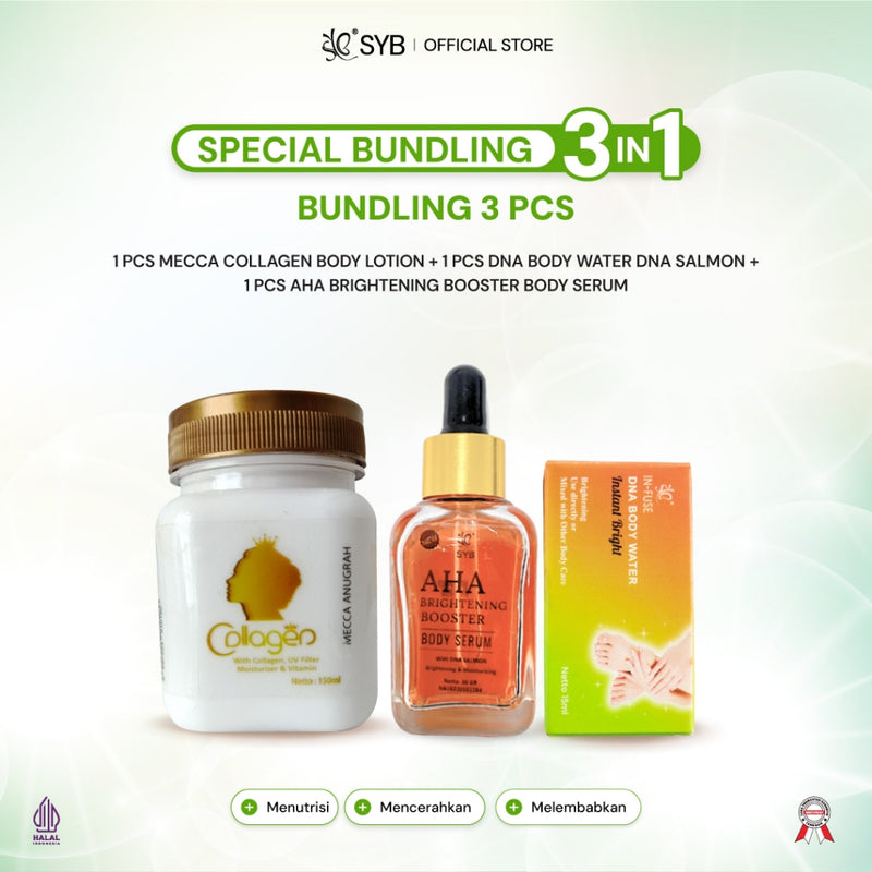 "PAKET PERAWATAN TUBUH BIBIT PEMUTIH + COLLAGEN (BLEACHING)  - BPOM (1PC-IN-FUSE,B.SERUM BRIGHTENING DNA,LOTION MECCA ORI)
